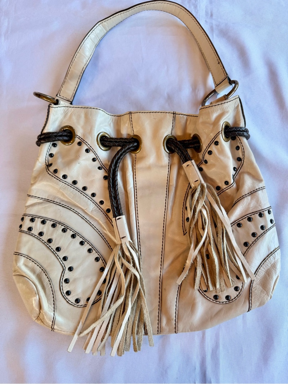 Kate Landry Studded Leather Drawstring Tassel Fun Interior Shoulder Bag